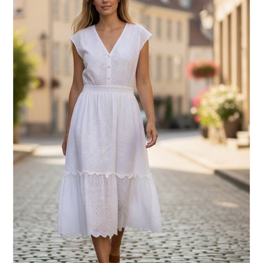 Draper James White Eyelet Midi Dress Size 14 Romantic Day Party Summer $150